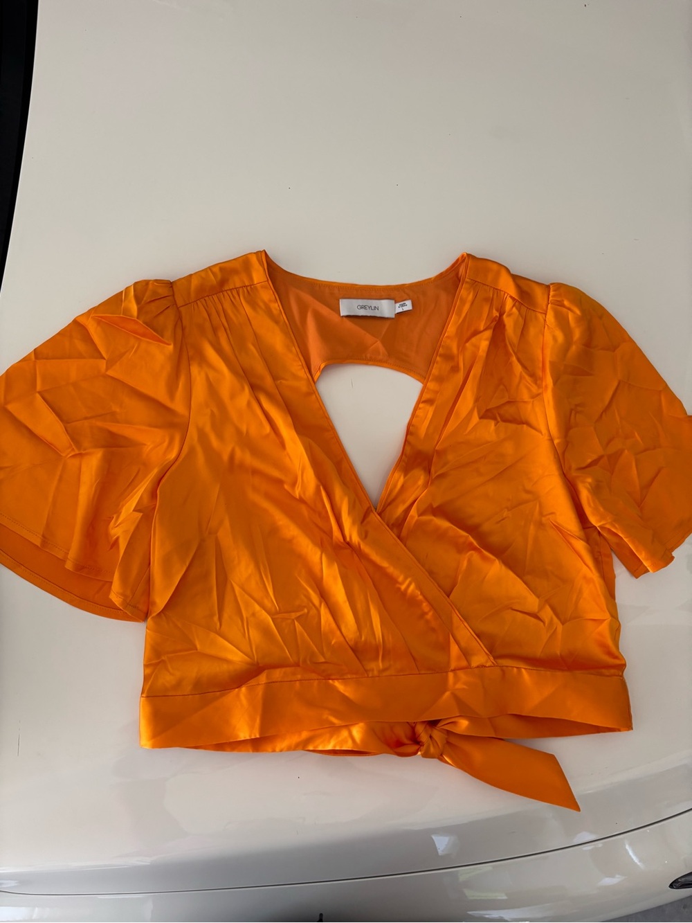 Greylin Orange Satin Tie-Front Crop Top